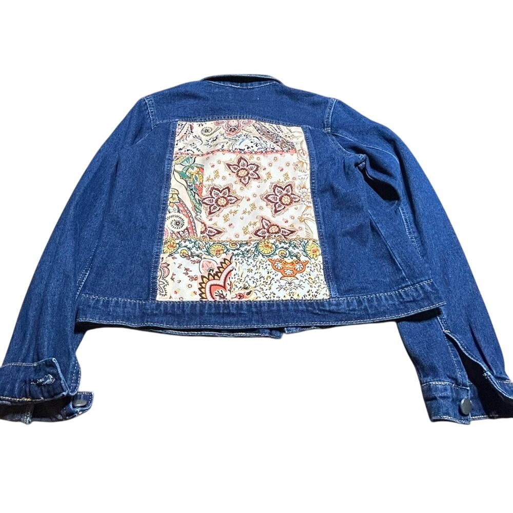 Brit.NY Blue Denim Jean Jacket colorful floral & paisley satin panel on back